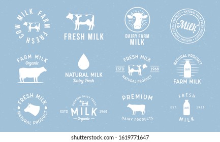 Dairy and milk products labels, emblems and logos. Milk logo set with cow silhouette, milk drop, bottle. Trendy vintage design. Vector illustration