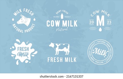 Dairy and milk products labels, stamps. Dairy logo set with cow silhouette adn milk splash. Trendy vintage design. Vector illustration