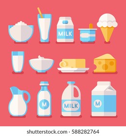 Dairy, milk, yogurt, cream, cheese products flat vector icons set