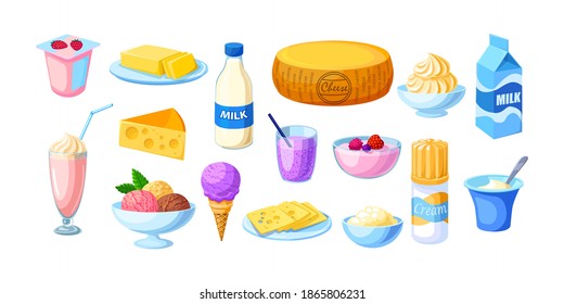 Dairy natural nutrition milk products set. Оrganic farm product for market and homemade food cottage cheese, milk, butter, cheese, sour cream, yogurt, ice cream, milk shake, smoothies vector isolated