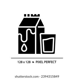 Dairy pixel perfect black glyph icon. Cows milk. Agricultural product. Calcium rich food. Beverage market. Silhouette symbol on white space. Solid pictogram. Vector isolated illustration