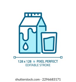 Dairy pixel perfect blue RGB color icon. Cows milk. Agricultural product. Calcium rich food. Beverage market. Isolated vector illustration. Simple filled line drawing. Editable stroke