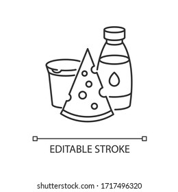 Dairy pixel perfect linear icon. Cheese slice. Milk in glass bottle. Yogurt in plastic container. Thin line customizable illustration. Contour symbol. Vector isolated outline drawing. Editable stroke