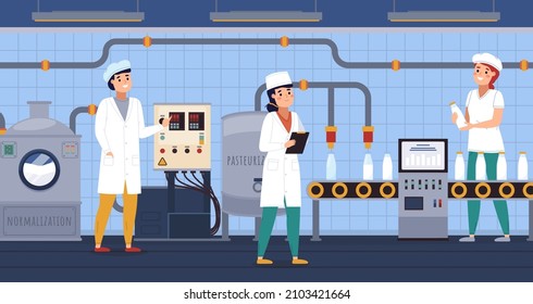 Dairy plant people. Milk factory workers, product packaging in containers, automatic bottling process, monitoring operation, automated line, food industry, vector isolated concept