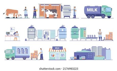 Dairy plant set of flat isolated compositions with factory facilities milking apparatus cows people and delivery vector illustration