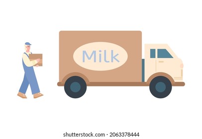 Dairy Plant Worker Loading Milk Production Into Van, Cartoon Vector Illustration Isolated On White Background. Milk Transportation From Factory To Shop.