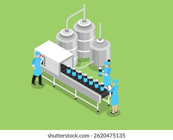 a dairy plant with workers monitoring a production line filling and packaging blue bottles 3d isometric illustration