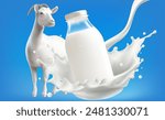 Dairy poster. Milk products Goat and splash of milk as a 3d vector design element, Mesh gradient wes