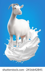 Dairy poster. Milk products Goat and splash of milk as a 3d vector design element