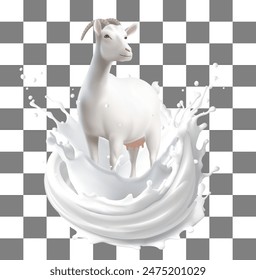 Milchposter. Milchprodukte Ziege und Spritzer von Milch als 3D-Vektorgrafik-Designelement, Mesh-Gradient wurde verwendet