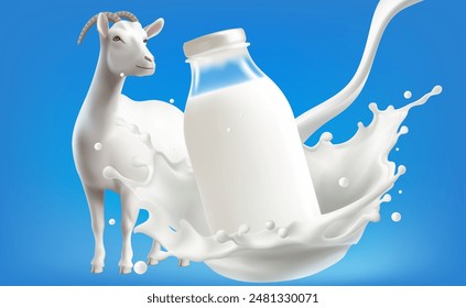 Afiche de lácteos. Productos lácteos Cabra y salpicadura de leche como elemento de diseño de Vector 3d, malla gradiente wes