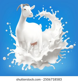 Dairy poster. Milk products Goat and splash of milk as a 3d vector design element, Mesh gradient wes