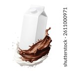 Dairy poster.Sweet milk chocolate splashes white milk carton with milk splashing for product display