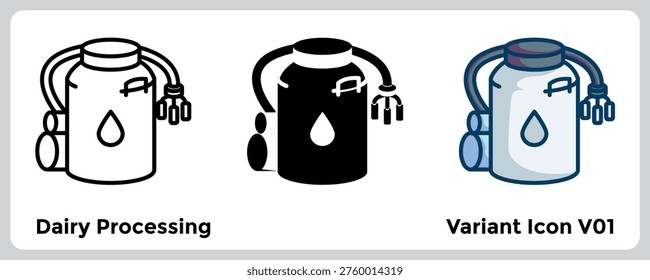 Dairy Processing icon for depicting milk treatment systems, pasteurization workflows, and industrial dairy transformation stages in factory visuals. Line, Filled, Color style.