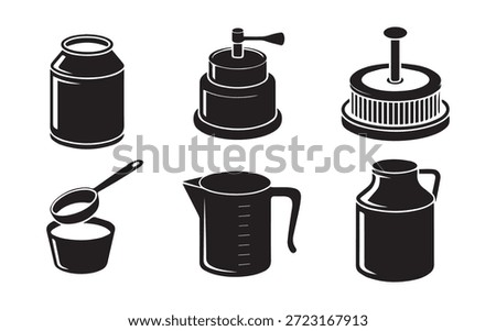 dairy processing tools black silhouette icons set for milk production