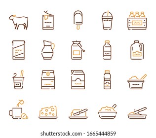 Dairy produce color icon set. Milk Products. Editable stroke. Milk Production, Cow's Milk, Goat's Milk, Cheese, Yogurt, Ice Cream. Packaging, selling and delivery concept.