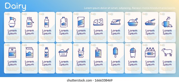 Dairy produce color icon set. Milk Products. Editable stroke. Milk Production, Cow's Milk, Goat's Milk, Cheese, Yogurt, Ice Cream. Packaging, selling and delivery concept.