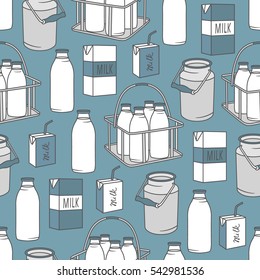 Dairy produce: hand drawn icons set seamless pattern. Blue and white illustration with dairy products. Decorative wallpaper, good for printing. Colorful background vector