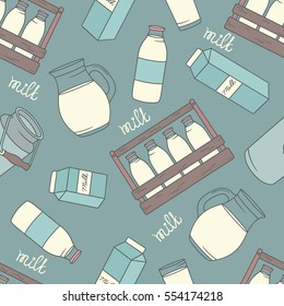 Dairy produce: hand drawn icons set, seamless pattern. Colorful illustration with dairy products. Decorative wallpaper, good for printing. Background vector