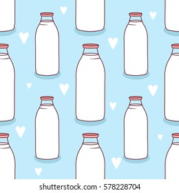 Dairy produce: hand drawn icons set seamless pattern. Blue and white illustration with dairy products. Decorative wallpaper, good for printing. Colorful background vector