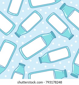 Dairy produce: hand drawn seamless pattern. Colored illustration with fresh dairy products. Decorative cute wallpaper, good for printing. Colorful overlapping background vector. Bottles of milk