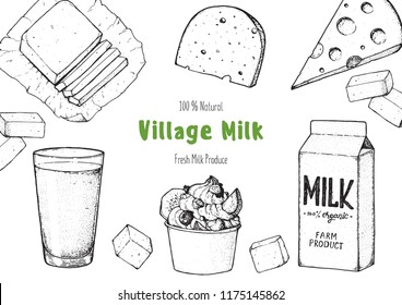 Dairy produce hand drawn vector illustration. Cheese, cottage cheese, yogurt, milk in glass, milk in bottle, butter illustration. Organic products, healthy food.