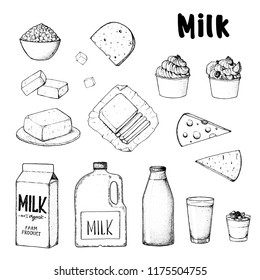 Dairy produce hand drawn vector illustration. Design label. Organic products, healthy food. Dairy produce collection.