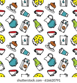 Dairy produce. seamless pattern. Colorful illustration with dairy products. 