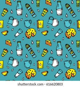 Dairy produce. seamless pattern. Colorful illustration with dairy products. 