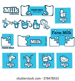 dairy produce, vector illustration, set of objects, icons, stickers and labels