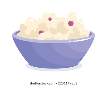 Dairy product concept. Icon with delicious grainy cottage cheese in purple bowl. Organic farm food. Design element for print or websites. Cartoon flat vector collection isolated on white background