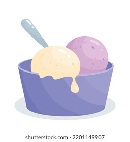 Dairy product concept. Icon with scoops of delicious creamy ice cream in bowl. Organic sweet dessert. Design element for print or websites. Cartoon flat vector collection isolated on white background
