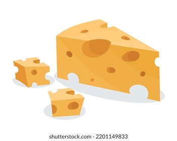 Concepto de producto lácteo. Icono o pegatina con un trozo de delicioso queso amarillo. Producto orgánico o alimento. Elemento de diseño para redes sociales. Colección vectorial plana de dibujos animados aislada en fondo blanco