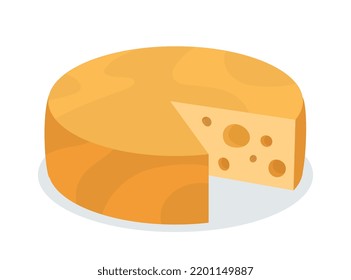 Dairy product concept. Icon or sticker with round cheddar or parmesan cheese with cut off piece. Design element for advertising posters. Cartoon flat vector collection isolated on white background