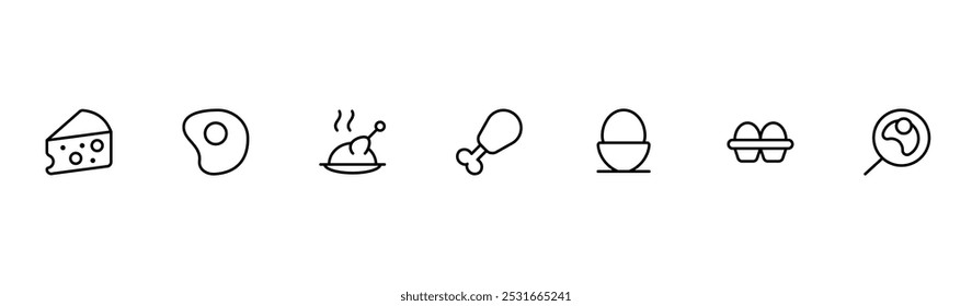 Dairy product icon. Cheese, egg, chicken icon vector set design with Editable Stroke. Line, Solid, Flat Line, thin style and Suitable for Web Page, Mobile App, UI, UX design.