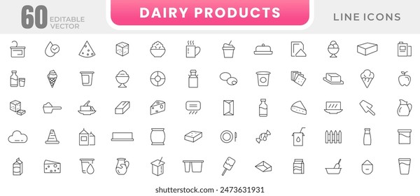 Dairy product icon set. Food, drink, ice cream, milk, cold, farm, sweet, cheese, butter line icon set collection. Outline icon pack. Thin outline icons vector