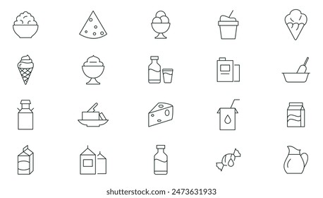 Conjunto de iconos de productos lácteos. Comida, bebida, helado, leche, frío, granja, dulce, queso, línea de mantequilla icono conjunto de colección. Paquete de iconos de esquema. Iconos de contorno fino Vector