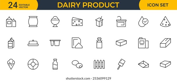 Dairy product icon set. Food, drink, ice cream, milk, cold, farm, sweet, cheese, butter line icon set collection. Outline icon pack.