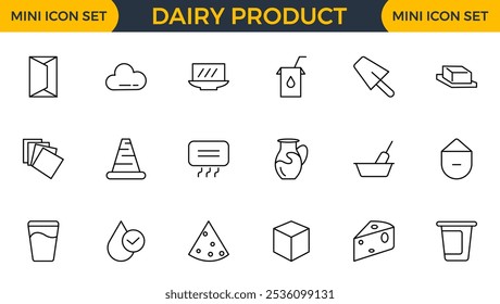 Dairy product icon set. Food, drink, ice cream, milk, cold, farm, sweet, cheese, butter line icon set collection. Outline icon pack.