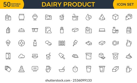 Dairy product icon set. Food, drink, ice cream, milk, cold, farm, sweet, cheese, butter line icon set collection. Outline icon pack. 