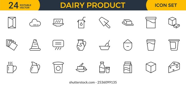 Dairy product icon set. Food, drink, ice cream, milk, cold, farm, sweet, cheese, butter line icon set collection. Outline icon pack.