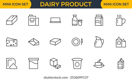 Dairy product icon set. Food, drink, ice cream, milk, cold, farm, sweet, cheese, butter line icon set collection. Outline icon pack.