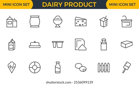 Dairy product icon set. Food, drink, ice cream, milk, cold, farm, sweet, cheese, butter line icon set collection. Outline icon pack.