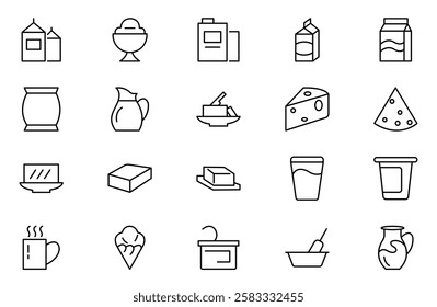 Dairy product icon set. Food, drink, ice cream, milk, cold, farm, sweet, cheese, butter line icon set collection. Outline icon pack. 