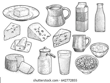 Dairy product illustration, drawing, engraving, ink, line art, vector