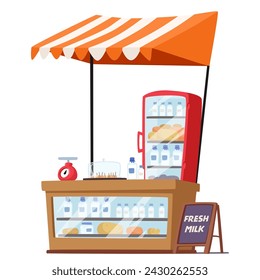 Dairy Product Kiosk With A Canopy. Isolated Compact, Outdoor Retail Booth Shaded By An Overhead Cover, Offering A Variety Of Fresh Dairy Goods Like Milk, Cheese And Yogurt. Cartoon Vector Illustration