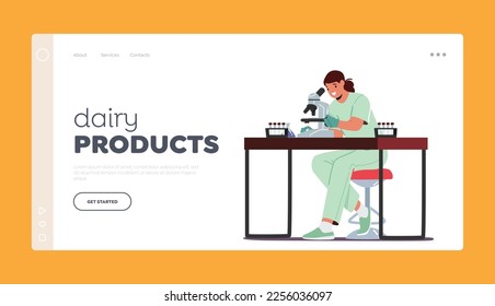 Dairy Product Landing Page Template. Scientist Female Character Testing Production in Laboratory. Expert Woman Sitting at Desk Looking in Microscope Analyzing Milk Quality. Cartoon Vector Illustration