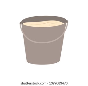 Dairy product in metal bucket, fresh milk in thank, countryside drink in bowl, crop farming element, natural farm product, organic nutrition food vector
