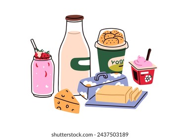 Dairy product, milk produce composition. Yogurt, butter, cheese, sweet strawberry milkshake. Milky goods, food and drink assortment. Flat graphic vector illustration isolated on white background