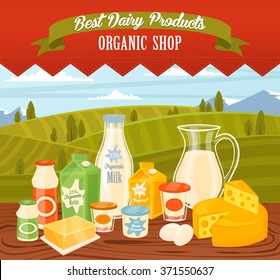 Dairy product organic shop. Best farm milk food advertising vector banner. Farmer market organic shop offer cheese, yogurt, butter sour cream, and mayonnaise, milky drink. Fresh dairy product sale
